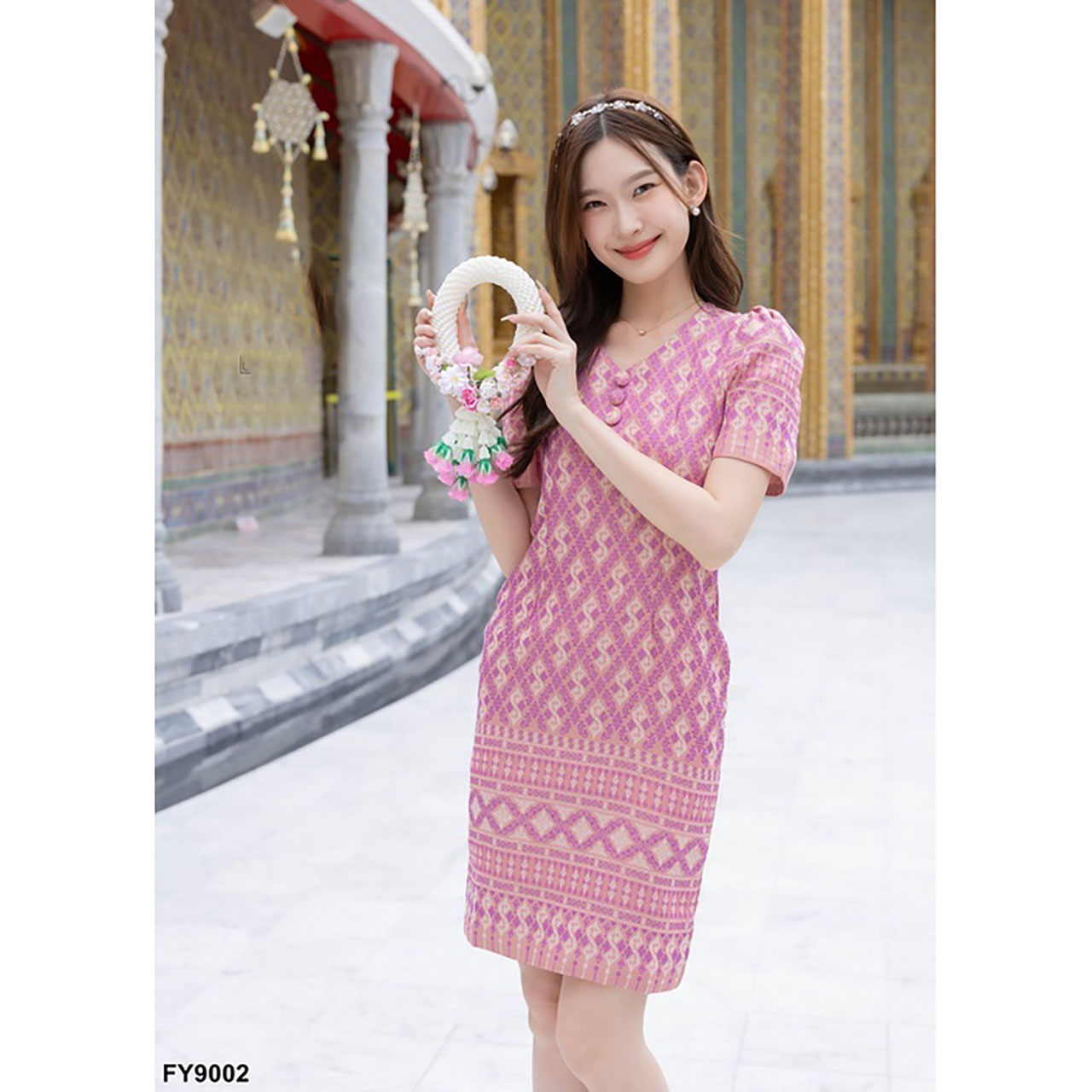 kudapy เดรสสั้นสีชมพู/สีม่วง ผ้าไทยทรงสอบกระดุม3เม็ด