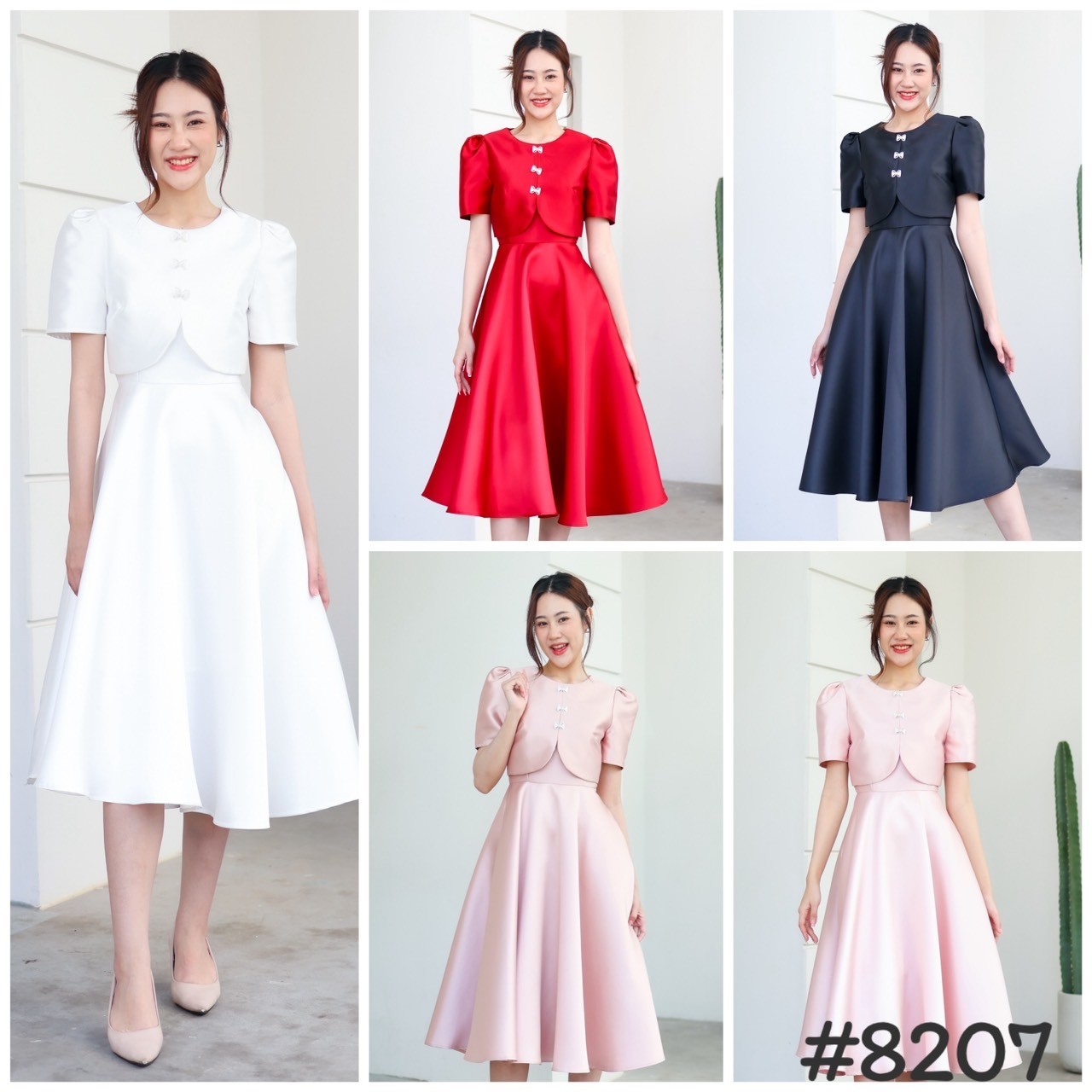 kudapy เดรสออกงานแต่งเชิ้ต สีขาว ,แดง ,ชมพู ,โรสโกลด์, ดำ คอกลมแต่งครอป ประดับกระดุมโบว์จิ๋ว