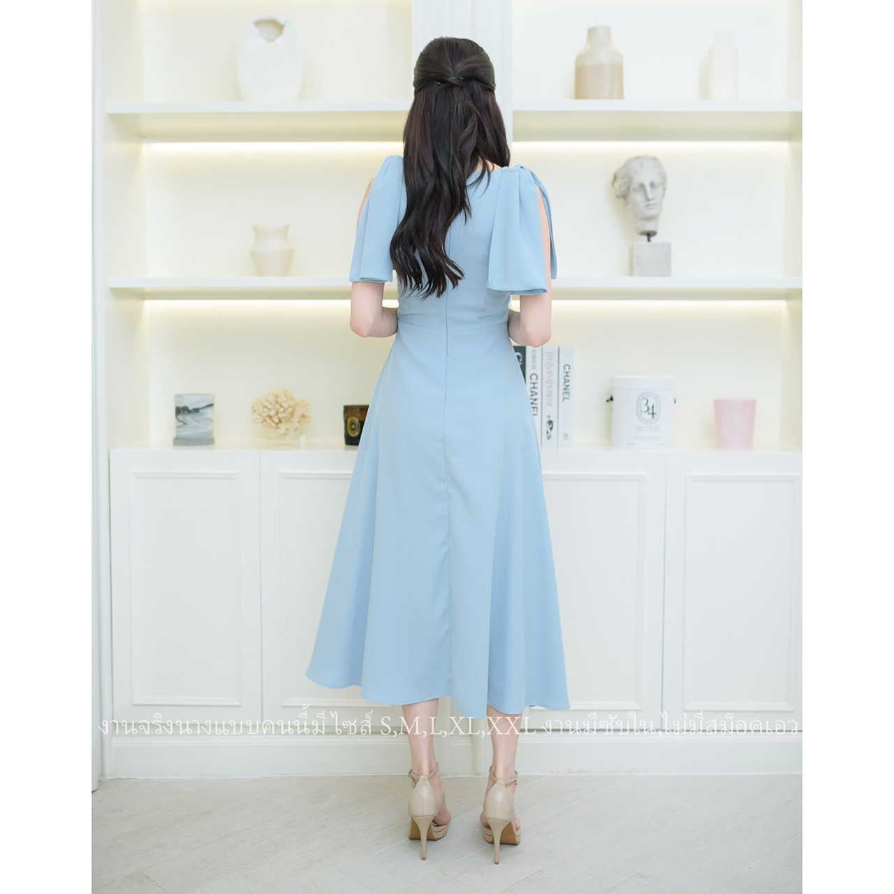 kudapy เดรสหน้าสั้นหลังยาวแต่งโบว์ไหล่สีฟ้า/สีขาว งานสวยมีซับในซิปหลัง