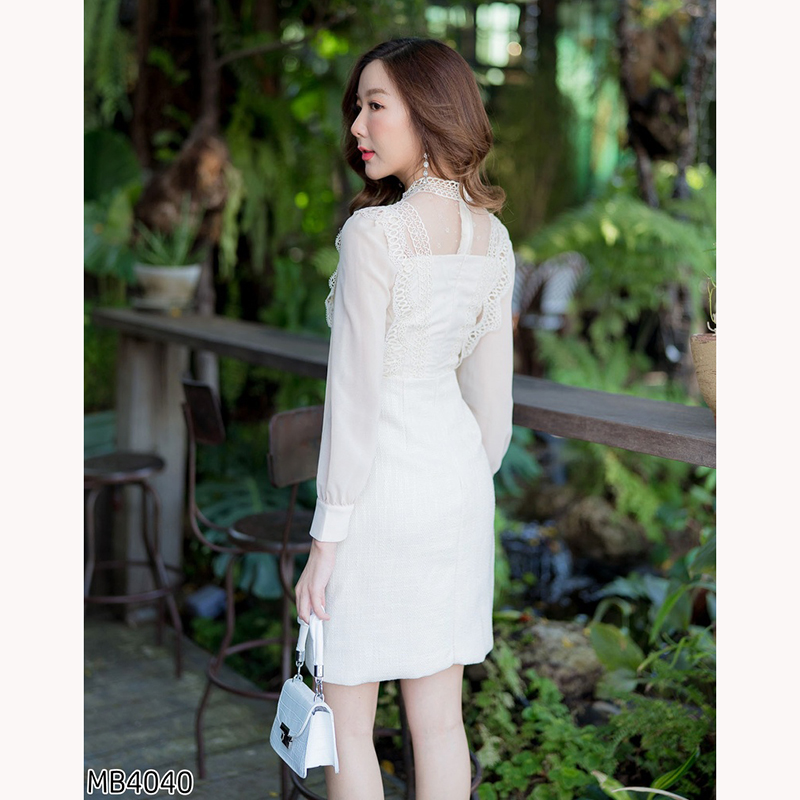 kudapy เดรสสั้นสีขาว/สีชมพู/สีครีม/สีดำ แขนยาวชีฟองอกระบายลูกไม้ ใส่สบายสวยดูดี