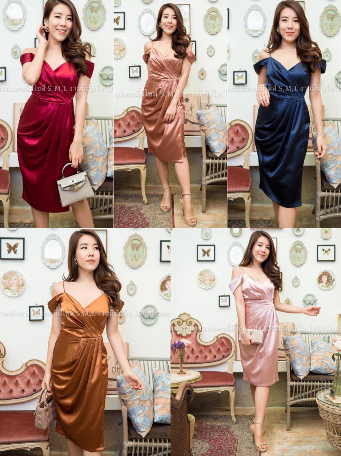 kudapy เดรสสั้นเปิดไหล่ แต่งสายเดี่ยว สีโรสโกลด์ ,น้ำตาลอิฐ ,เขียวแก่ ,ชมพู ,กรมท่า ,เทา ,แดงเลือดหมู ผ้าเปเป้ไม่ยืด กปสั้นอ้อมแขน กปจีบสั่น