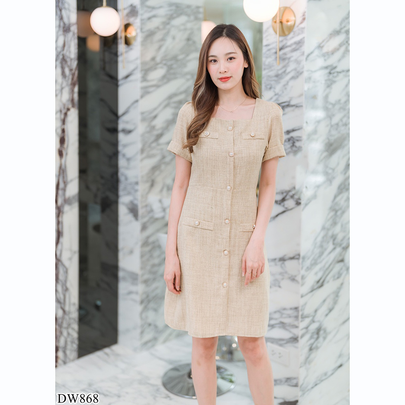 kudapy เดรสสั้นคอลึกสีน้ำตาล/สีชมพู/สีเขียว ทำงานทรงเอคอเหลี่ยมมีกระดุมกลางอก
