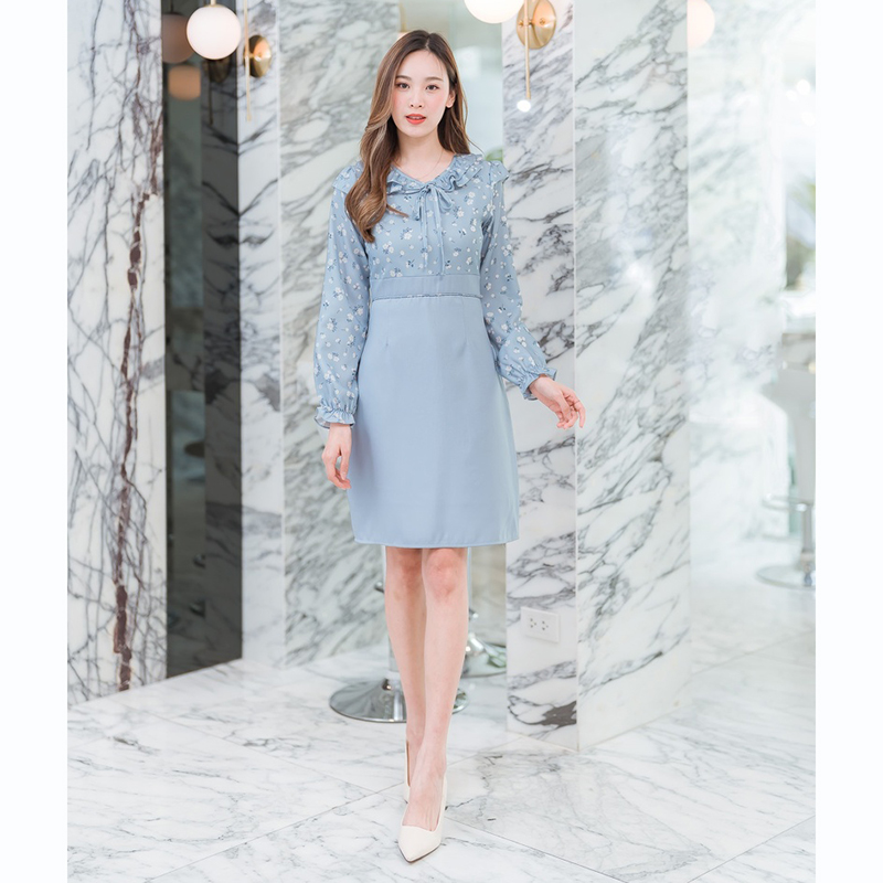 kudapy เดรสสั้นคอกลมสีฟ้า/สีชมพู/สีเขียว ใส่ทำงานแขนยาวคอระบายผูกโบว์กลางอก