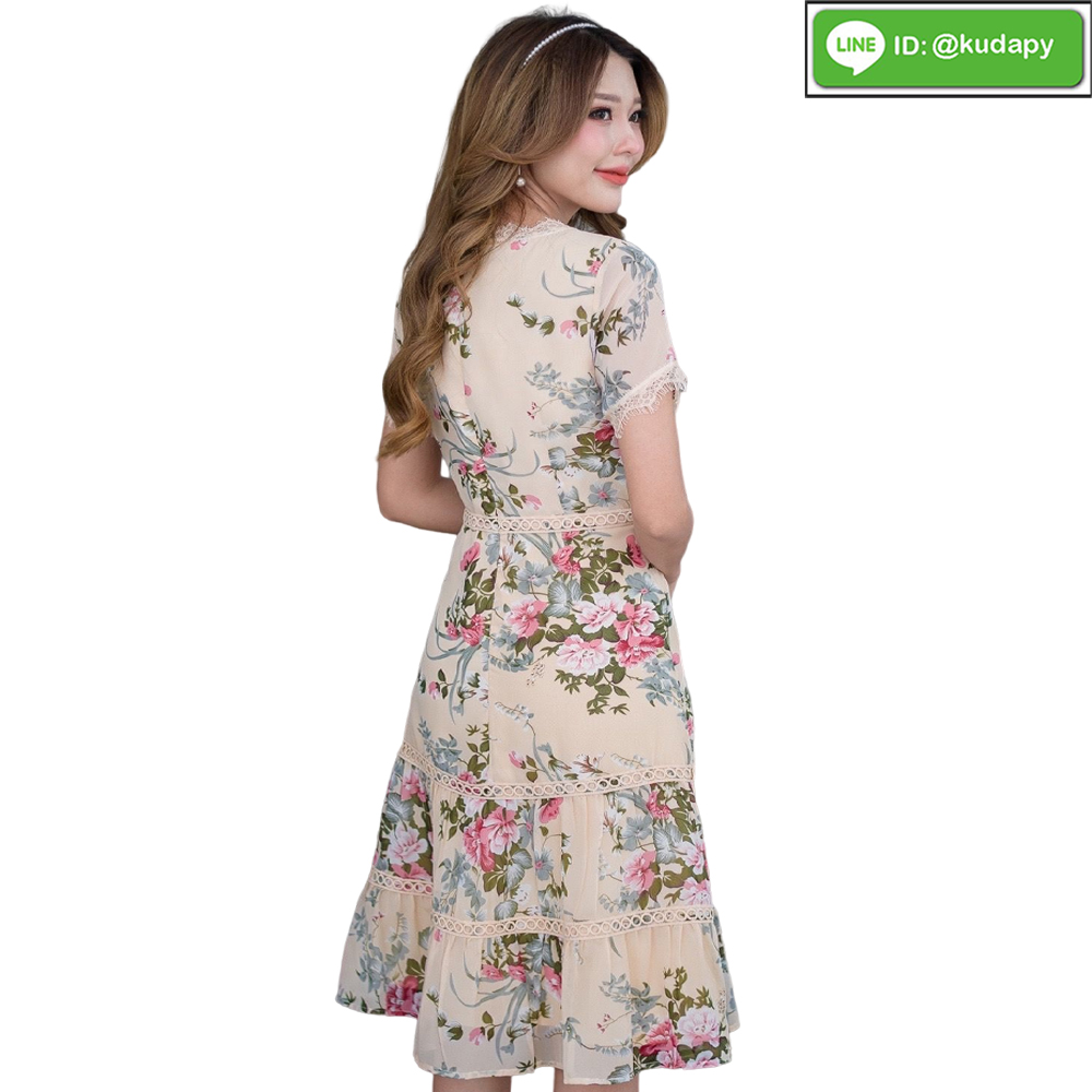 kudapy เดรสสั้นคอกลมแขนสั้นสีชมพู สีเหลือง สีกรมท่า เดรสผ้าชีฟองพิมพ์ลายสวยหวาน มีซิบหลัง ซับในอย่างดีค่ะ