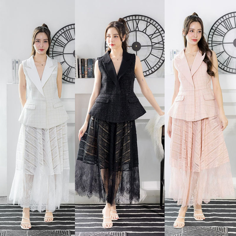 kudapy เซตเสื้อทรงสูทสีชมพู/สีขาว/สีดำ แขนกุด+กระโปรงยาวตาข่าย แต่งผ้าระบาย