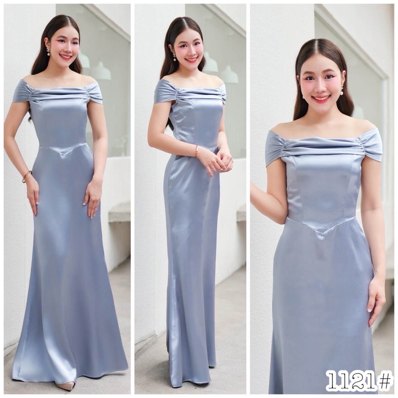 kudapy เดรสผ้าดัชเชสซาตินรุ่นใหม่ค่ะ ดีเทลเปิดบ่า เย็บจีบแขนตุ๊กตา Topทรงคอเซต เอววี