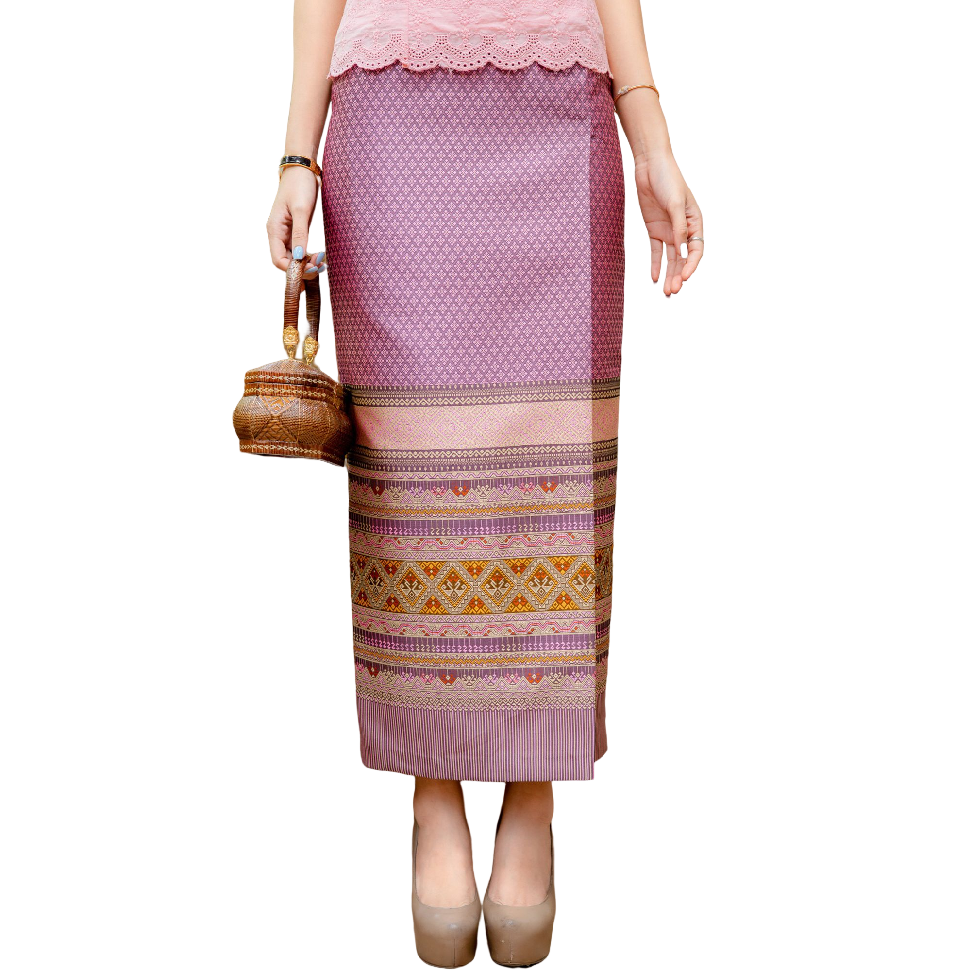 kudapy ผ้าถุงทอลายผ้าไหมอัดกาวทั้งผืน สีฟ้าน้ำเงิน,สีเหลืองเขียว,สีชมพู,สีทองกากี ผ้าซิ่นตีนจกยกดอกพิกุล เชิงหงส์หลวงทรงสวยมาก