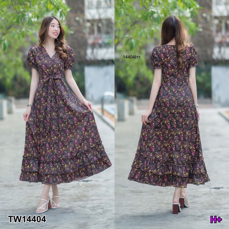 kudapy เดรสยาวสีดำ/สีน้ำตาล/สีเหลือง แขนตุ๊กตา คอวี ผูกโบว์เอว ชายเดรส2ชั้นแต่งระบายๆ