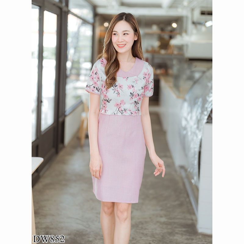 kudapy เดรสสั้นสีม่วง/สีชมพู/สีเหลือง คอปกมีกระตรงกลางอก