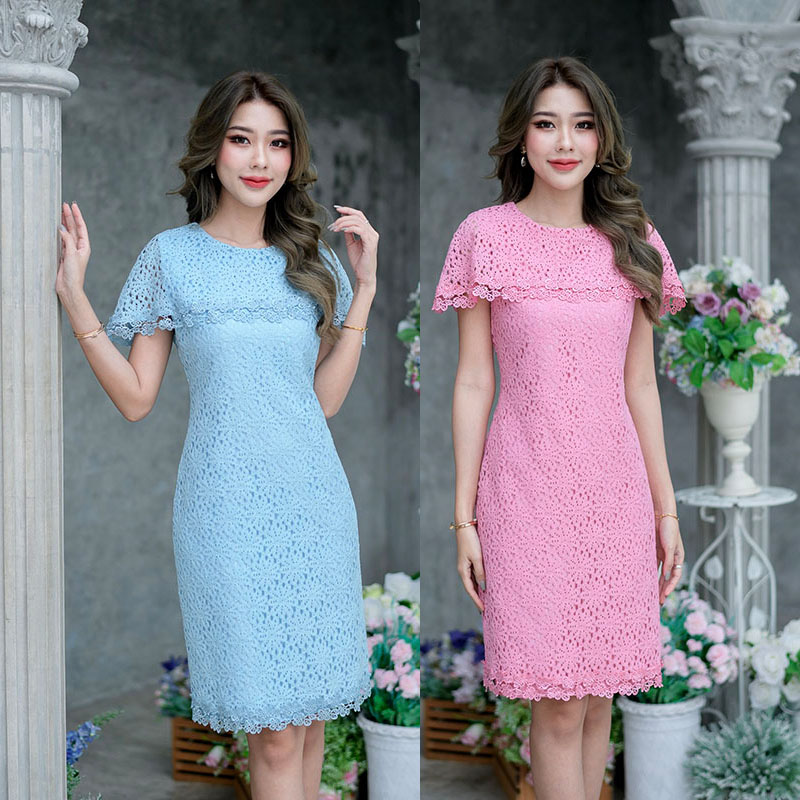 kudapy เดรสสั้นสีชมพู/สีฟ้า ลูกไม้เนื้อนิ่ม งานเดรสทรงเก๋ๆค่ะ เป็นงานคลุมไหล่ แต่งลูกไม้ช่วงชายกระโปรง และชายเสื้อ