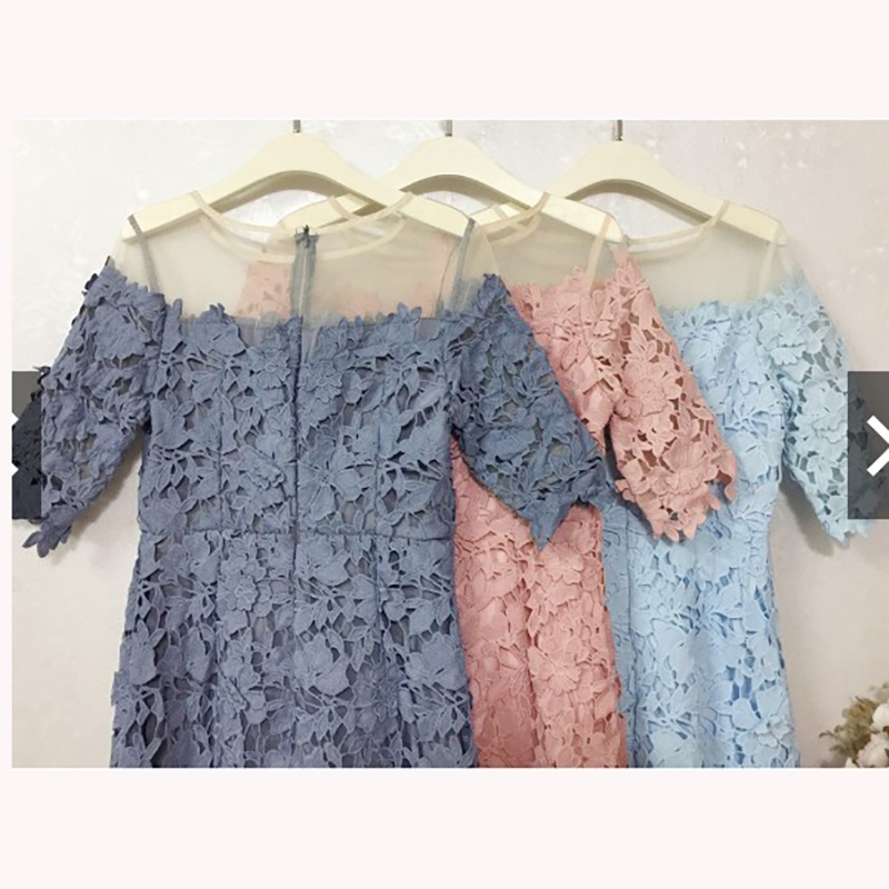 kudapy เดรสลูกไม้สีฟ้าคราม/สีฟ้า/สีชมพูกลีบบัว แขนสามส่วน ไหล่ซีทรูผ้าไหมแก้ว ผ้าลูกไม้