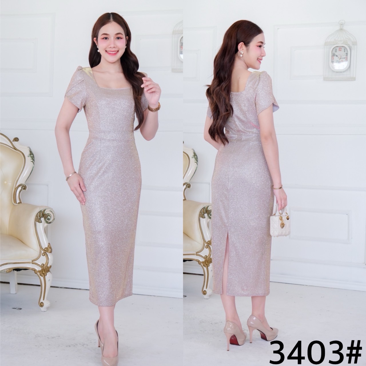 kudapy เดรสยาวสีชมพู/สีทอง/สีเงิน ออกงานคอเหลี่ยม ดีเทลแขนสั้น ทรงซ้อนกลีบดอกไม้ ทรงสวยเรียบหรู