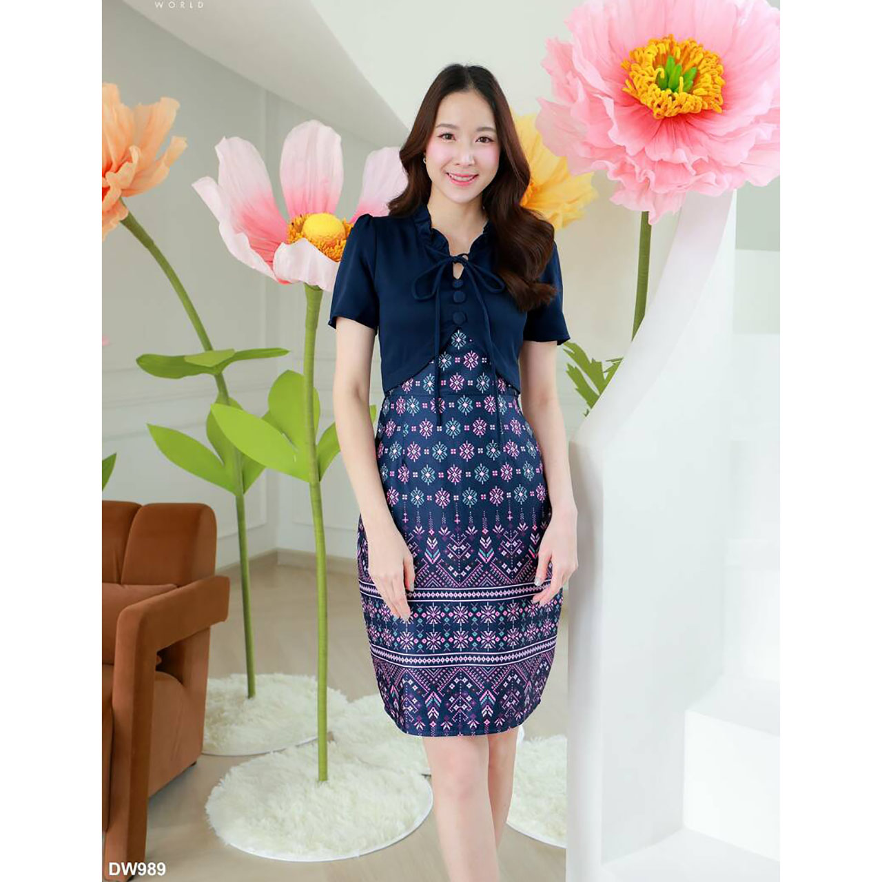 kudapy เดรสสั้น กั๊กเข้ารูปกระโปรงลายไทย ผ้าใส่สบายสวยดูดี