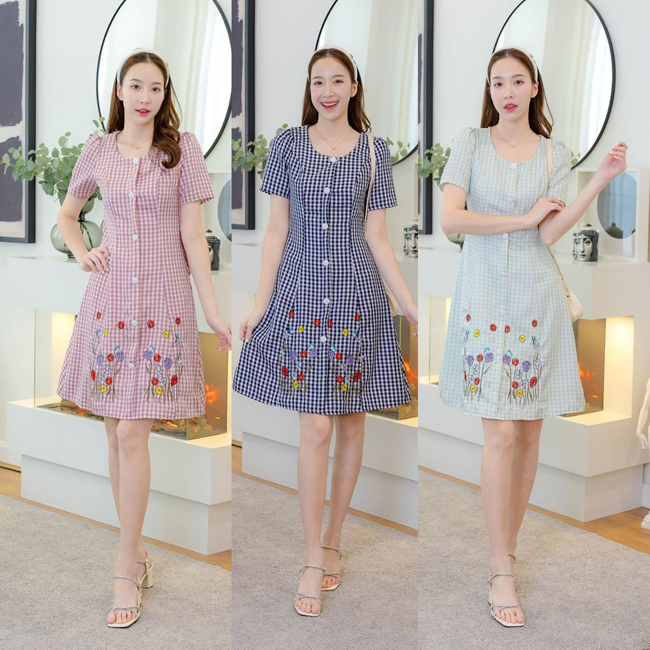 kudapy เดรสสั้นสีชมพู/สีกรม/สีเขียว ลายสก็อต ปลายกระโปรงปักดอกไม้ สุดคิวท์ สีสันโดนใจ คัทติ้ง ทรงสวย