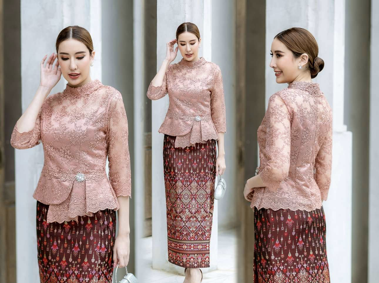 kudapy เสื้อลูกไม้สีครีมแขนยาว ทรงคอจีน จับจีบเอวระบาย