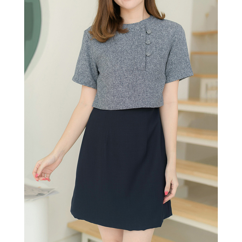 kudapy เดรสสั้นสีกรม/สีครีม/สีดำ ทรงเอ ซิปหลังใส่ง่าย ตัวเสื้อผ้าชาแนล คอจีนติดกระดุมปั๊มสามารถแกะได้จริง