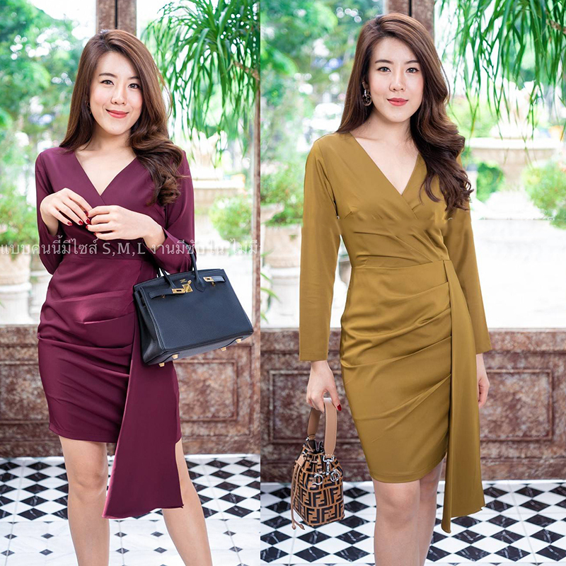 kudapy เดรสสั้นสีแดงเลือดหมู/สีเขียวตอง แขนยาวทรงเอแต่งสายพริ้ว