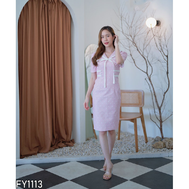 kudapy เดรสสั้นสีดำ/สีเทา/สีชมพู ลายจุดผูกโบว์สวยดูดีใส่สบายผ้านุ่ม