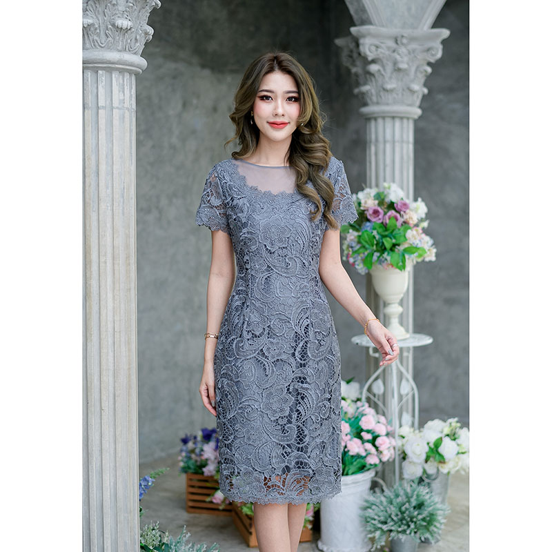 kudapy เดรสสั้นสีชมพู/สีเทา ลูกไม้เงา ทอลายสวย ใช้ลูกไม้เนื้อดีทอลายแน่น ดีไซน์ชุดเก๋แบบคว้านคอแต่งซีทรูช่วงอก