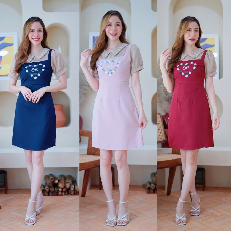 kudapy เดรสสั้นสีกรม/สีชมพู/สีแดง คอปกลายปักลูกหัวใจใส่สบายสวยดูดี