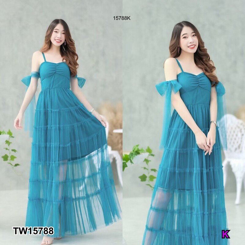 kudapy แม็กซี่เดรสสายสีชมพู น้ำตาล เขียว แดง เดี่ยวตาข่ายทั้งชุด มีซับใน มีสม็อคหลัง ดีแขนแขน 2 ข้าง ผูกโบว์ สีพื้น