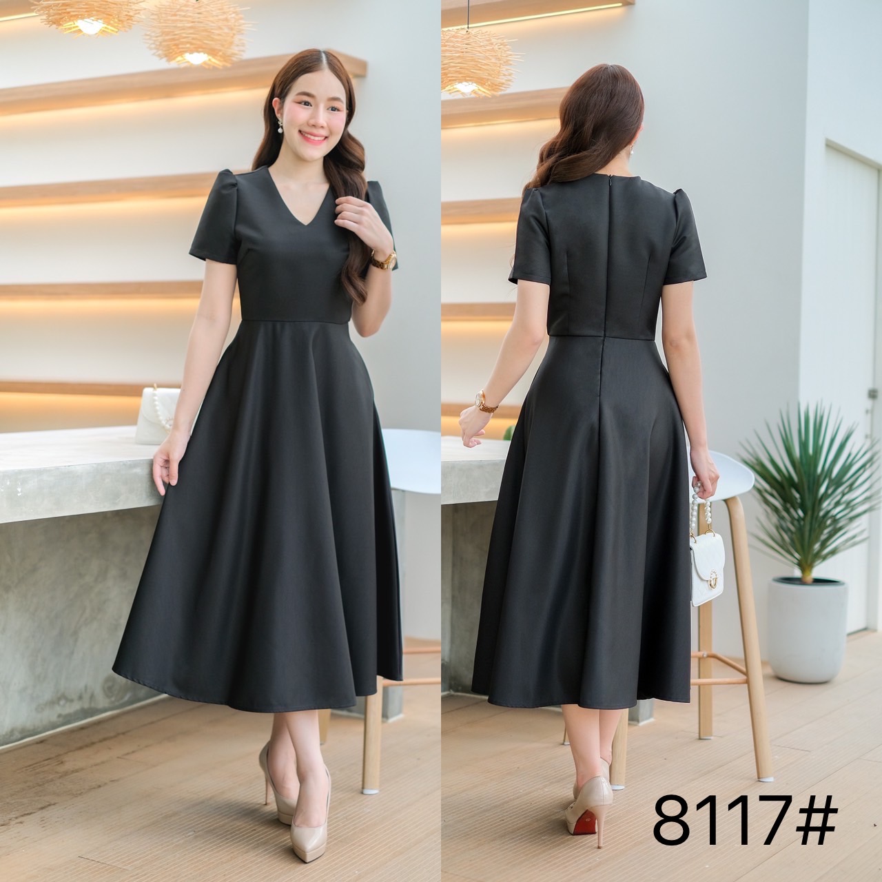 kudapy เดรสสั้นสีขาว ดำ ชมพูพาสเทล ทอง กรม แขนสั้น คอวี เกาหลีมากแม๊ คัตติ้งเริศแบบอลัง เข้ารูป เก็บทรง เอวสับๆ กระโปรงบาน