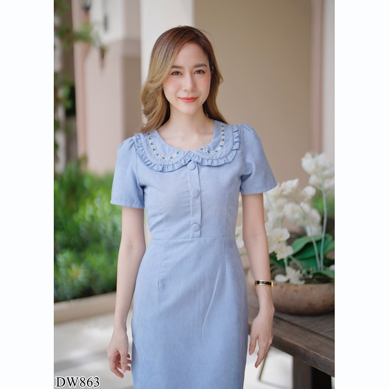 kudapy เดรสสั้นคอปกสีฟ้า/สีชมพู/สีเหลือง ใส่ทำงานผ้าลูกฟูกมีกระดุมกลางอกสวยดูดีคุณหนู