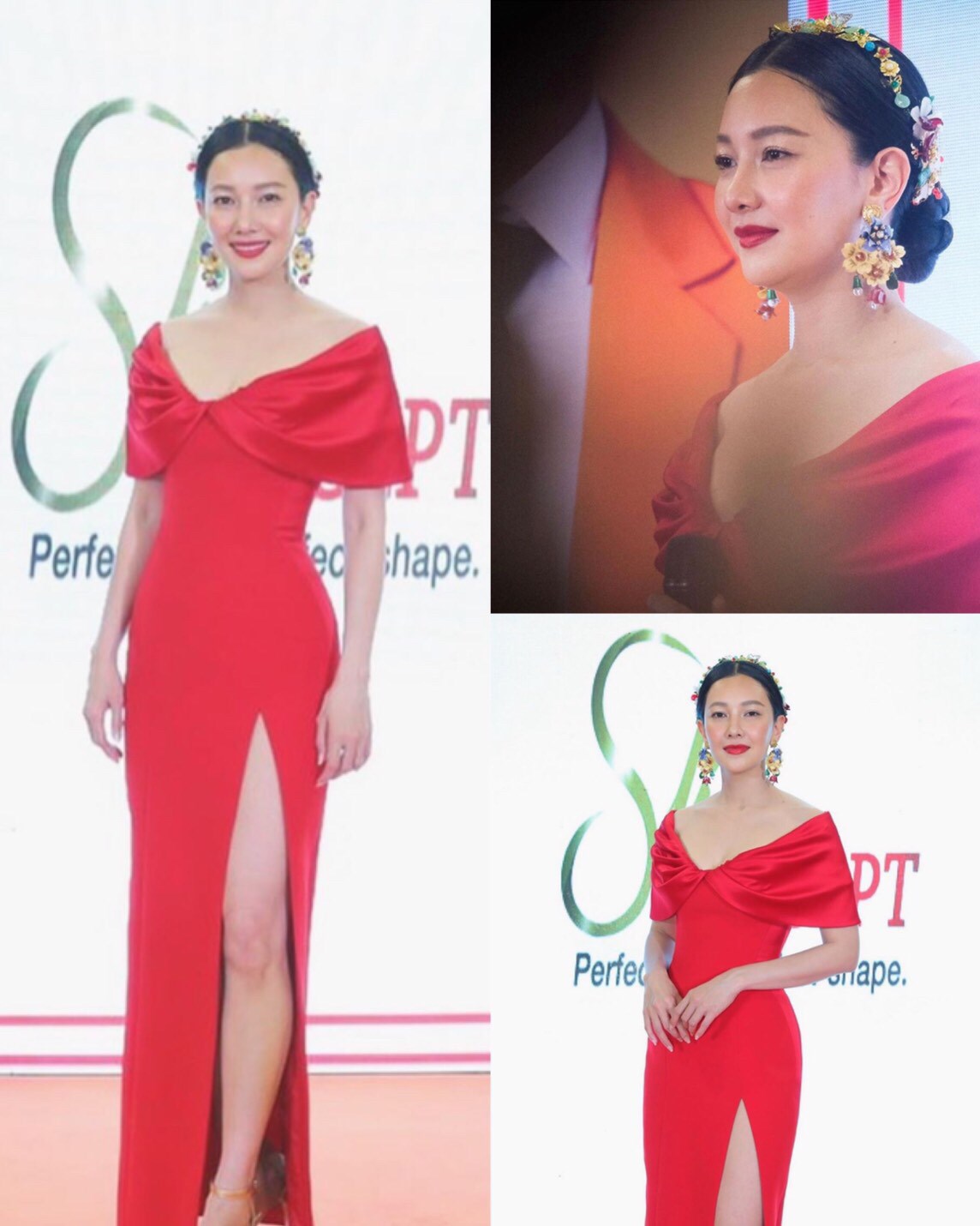 kudapy ชุดราตรียาวเปิดไหล่คลุมแขนผ่าหน้า ผ้าซาติน สีน้ำเงิน