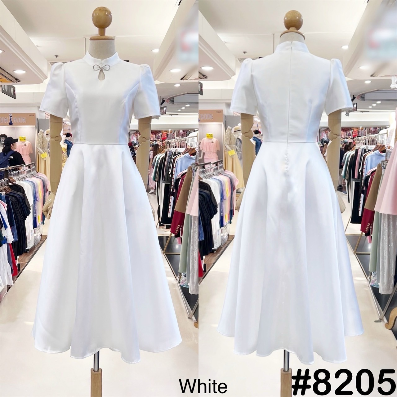 kudapy เดรสสั้นสีแดง/สีชมพู/สีทอง/สีขาว คอจีน รงแขนสั้นบ่าจีบ กระโปรงฟรีสะโพกพริ้วสวย พร้อมกระเป๋าข้าง