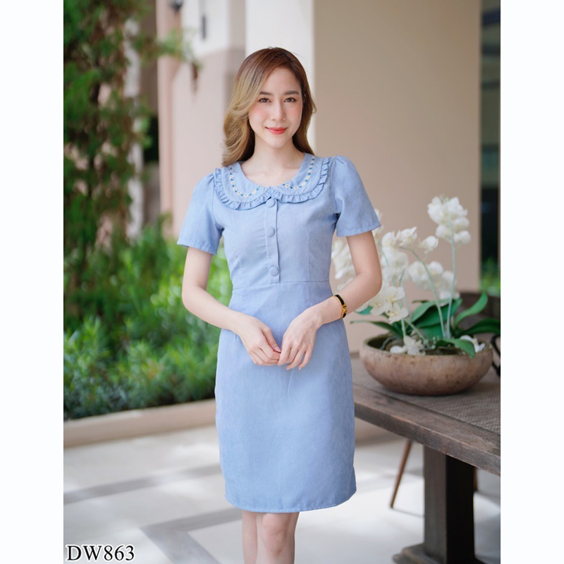 kudapy เดรสสั้นคอปกสีฟ้า/สีชมพู/สีเหลือง ใส่ทำงานผ้าลูกฟูกมีกระดุมกลางอกสวยดูดีคุณหนู