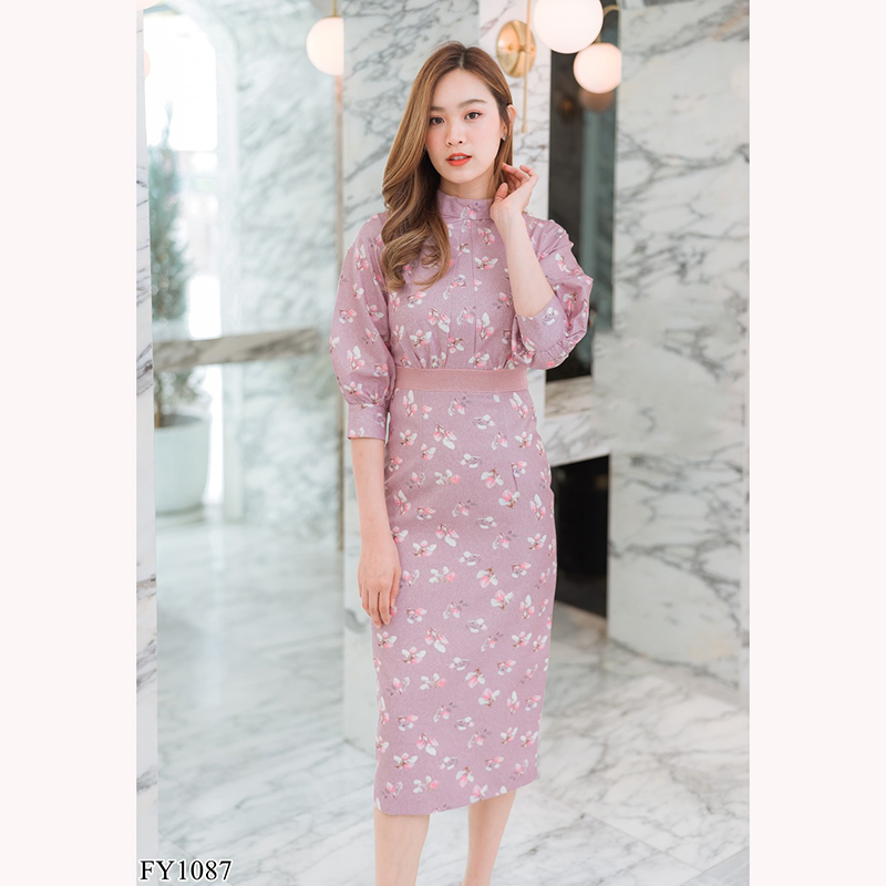 kudapy เดรสสั้นสีกรม/สีชมพู แขนยาวคอปีนลายดอกไม้