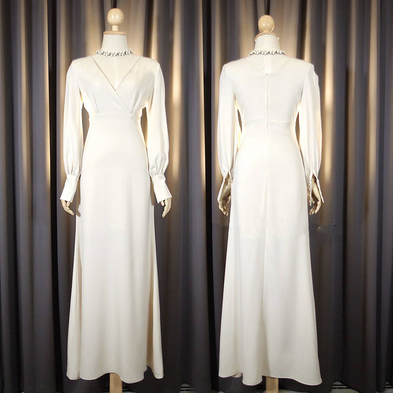 kudapy เดรสยาวสีชมพู/สีแดงเข้ม/สีครีม แขนยาว คัตติ้งถ่วงข้อมือ กระดุมห่อผ้า คอวี เอวสูง เข้ารูปแต่ไม่รัดทรง กระโปรงหางปลา หรูหรา