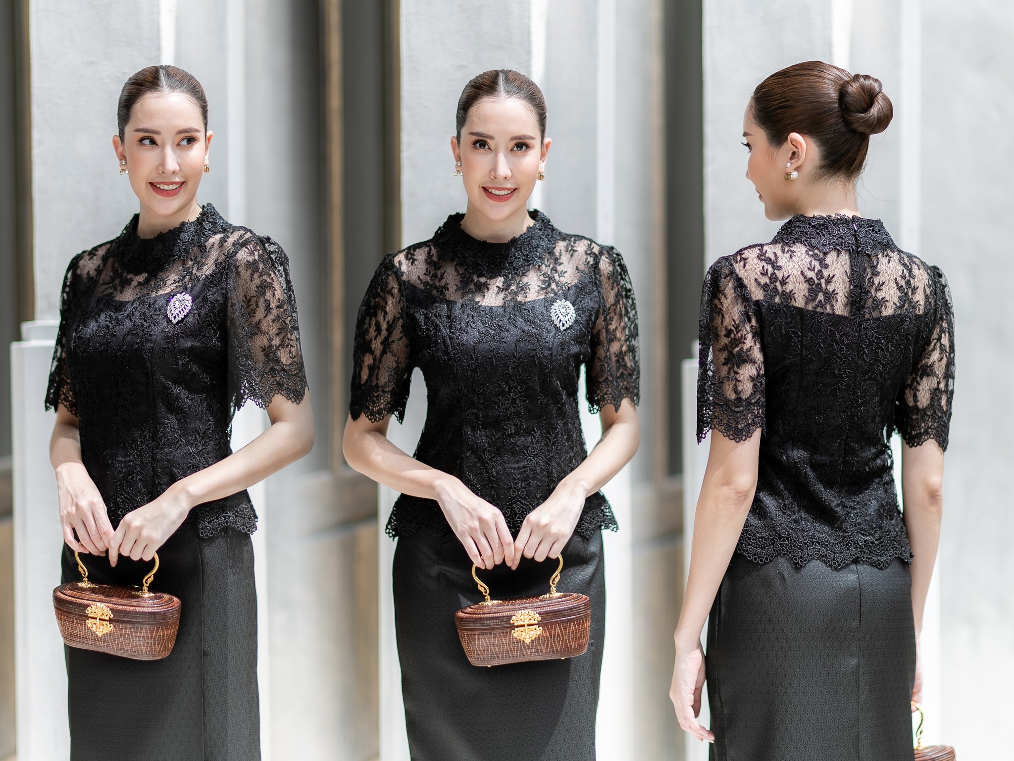 kudapy (เฉพาะเสื้อ) เสื้อลูกไม้สีน้ำตาล/สีขาว/สีม่วง/สีน้ำเงิน/สีเขียว/สีดำ เสื้อใช้ผ้าลูกไม้ใยบวบคอกลม แขนสั้น ลูกไม้แน่นทั้งตัว ตัวเสื้อมาพร้อมซับในเนื้อดีในตัว