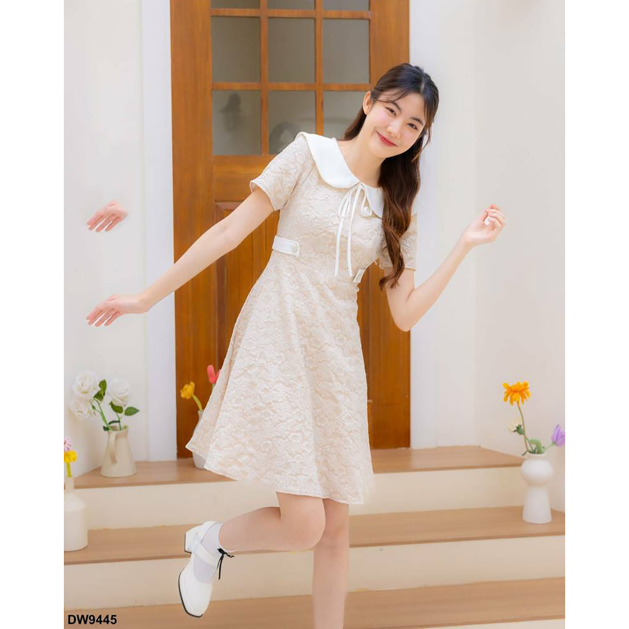 kudapy เดรสสั้นสีชมพู สีน้ำตาล สีฟ้า คอปกแจคกาดคาดเอว