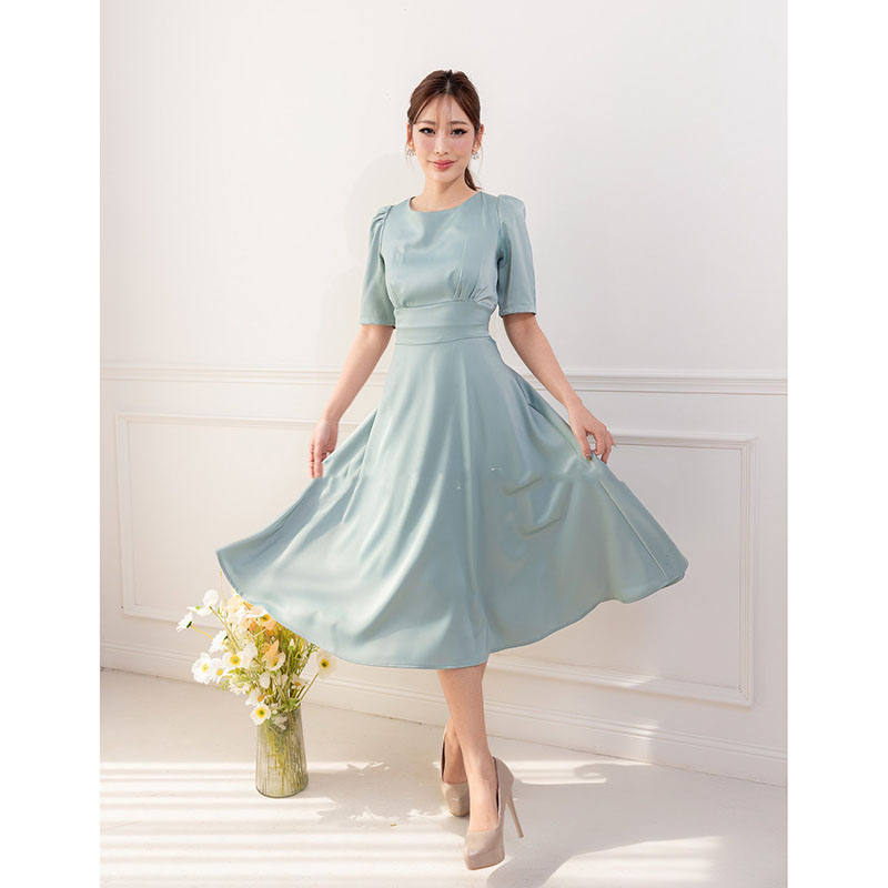 kudapy เดรสสั้นสีเขียว/สีน้ำตาล/สีฟ้า/สีชมพู กระโปรงบาน แขนสั้น ทรงรุ่นนี้ใส่แล้วสวยหวาน