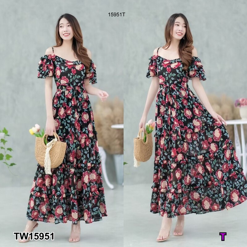 kudapy แม็กซี่เดรสสีขาว ดำ เขียว เทา สายเดี่ยวเว้าไหล่ แขนระบายชั้น ผ้าชีฟองลายดอกไม้ มีซับใน เนื้อผ้าทิ้งตัวสวย