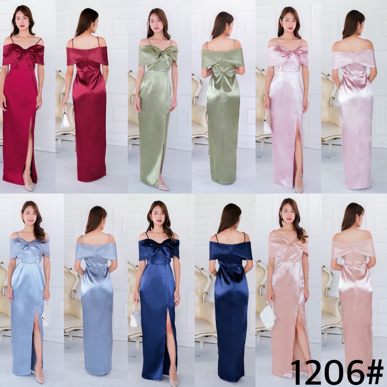 kudapy เดรสยาวเปิดบ่า ทวิชช่วงอก มีสายคาดบ่าให้ กระโปรงทรงบาน ความยาวครึ่งเข้ง เนื้อผ้าดัชเชสอัดกาว ผ้าเงาสวย อยู่ทรง