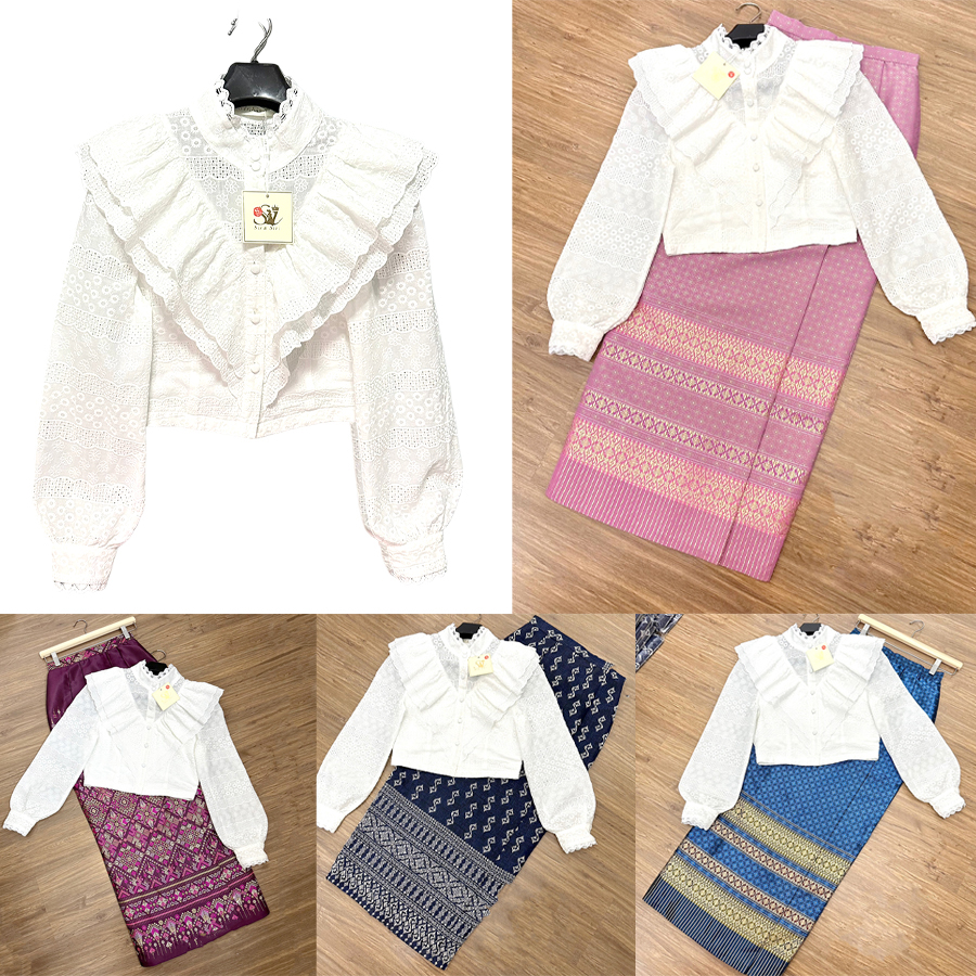 kudapy เสื้อลูกไม้ฉลุสีขาวแขนยาว + ผ้าถุงทอลายสีม่วง สีชมพู สีน้ำเงิน สีกรมท่า เซตเข้าชุดไปงานแต่งสวยๆ