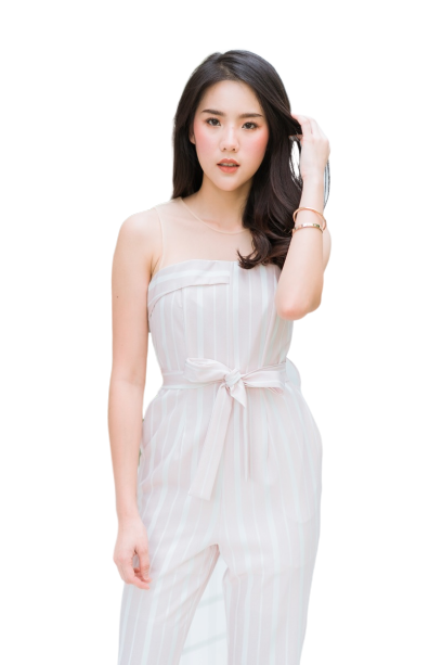 จั้มสูทสีชมพู ลายทางขายาวสไตล์เก๋ แต่งอกตาข่าย