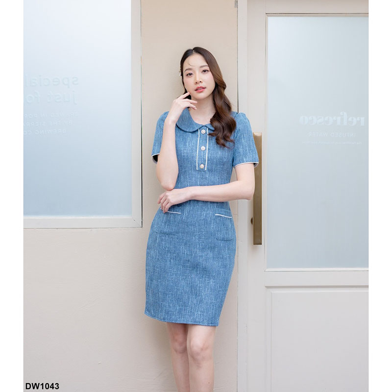 kudapy มินิเดรสปกคอบัวสีฟ้า/สีชมพู/สีกรม มีกระเป๋าข้าง สีพื้น สไตล์เรียบๆเป็นงานซิปหลังน้า