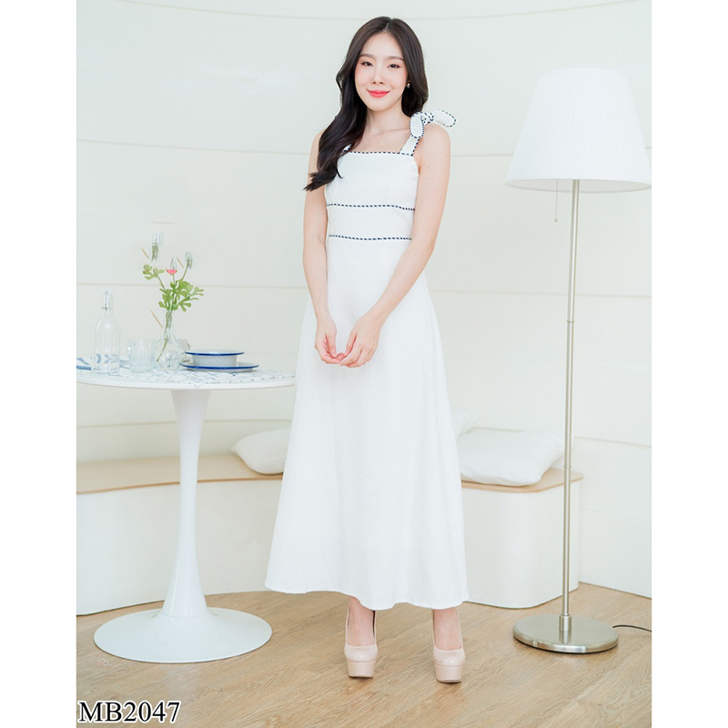 kudapy เดรสยาวสีชมพู/สีขาว/สีกรม สายเดี่ยวผูกโบว์ดูดีน่ารักใส่ออกงานปาตี้สวย