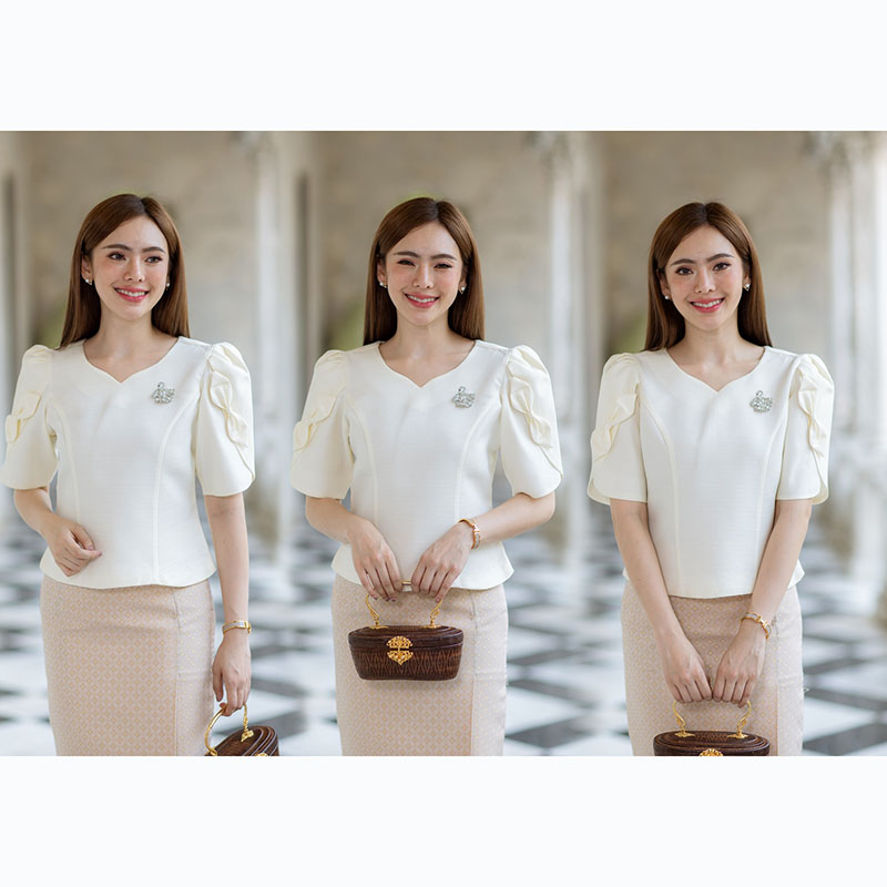 kudapy เสื้อออกงานสีขาว/สีม่วง/สีเขียวอมเหลือง/สีฟ้า งานผ้าไหมฝรั่งเศสสีพื้น อัดกาวให้ทั้งตัว ทรงสวยตามแบบ การตัดเย็บเนียบ ทรงสวย ใส่สวยทุกรูปร่าง