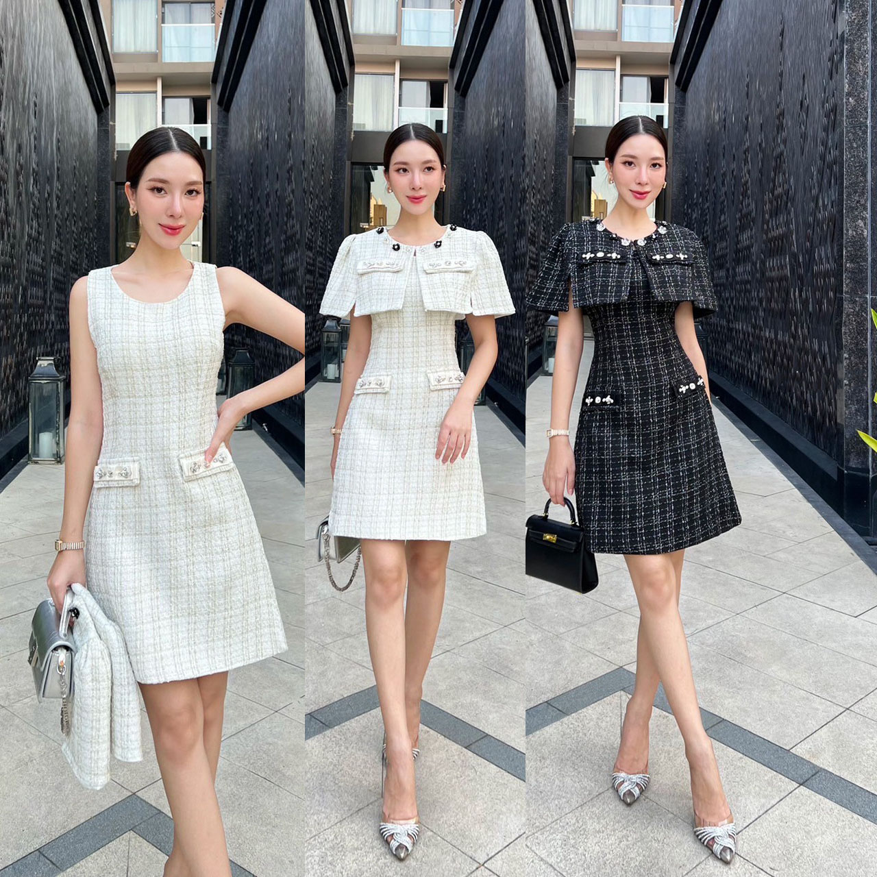 kudapy ชุดเซ็ทเดรสเนื้อผ้าทวิต เนื้อผ้านุ่ม ใส่สบาย มีซับในทั้งชุด เดรสมีฟองน้ำในตัว มาพร้อมเสื้อคลุม ตกแต่งอะไหล่เพชร และปักอะไหล่ดอกไม้