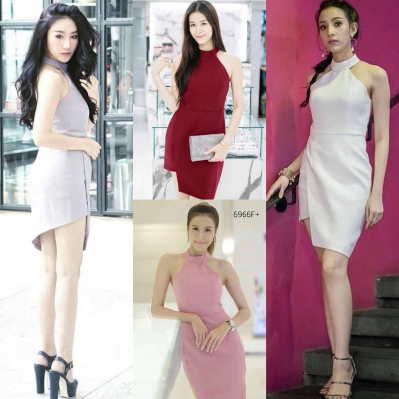 kudapy เดรสสั้นคอกลมแขนกุดสีขาว ,ชมพู, เทา ,แดง ทรงไหล่ล้ำเนื้อผ้าซาร่าสีพื้นเรียบๆ แต่งผ้าป้ายหน้ากระโปรง