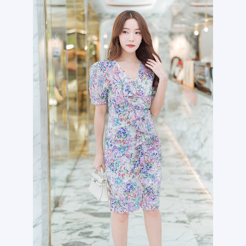 kudapy เดรสสั้นสีชมพู,ขาว ลายดอกไม้ใส่ดูสวย