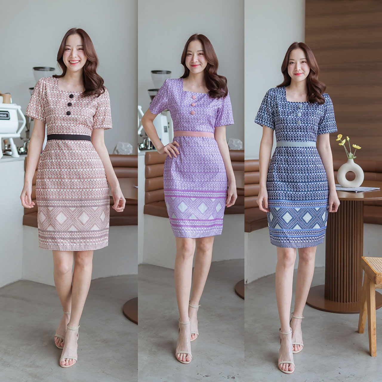 kudapy เดรสสั้นสีน้ำตาล สีกรม สีม่วง ผ้าไทยลายขอแต่งกระดุม ใส่ทำงาน สวยดูดี