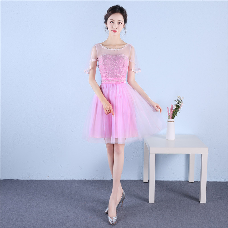 kudapy ชุดราตรีสั้นสีชมพู/สีม่วง คอกลม มีผ้าคลุมแขนไม่โป้ะ กระโปรงบานเอวเข้ารูป