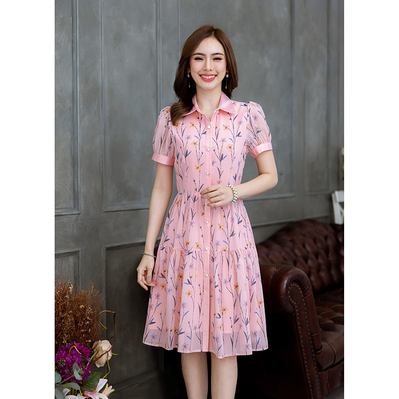 kudapy เดรสสั้นสีครีม/สีชมพู คอปกกระดุมหน้า ผ้าชีฟองลายดอกสวยหวาน แพทเทิร์นสวยเก๋