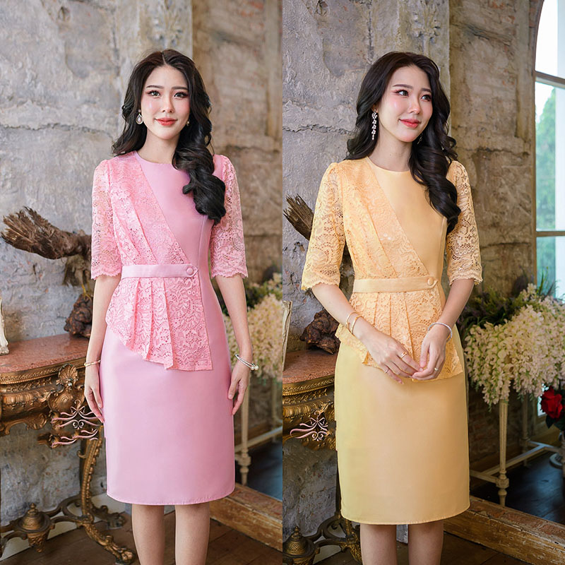 kudapy เดรสสั้สีเหลืองทอง/สีชมพู ผ้าไหม ดีไซน์เก๋ๆค่ะ รุ่นนี้เป็นชุดผ้าไหมทั้งชุด ช่วงแขนต่อลูกไม้มีซับในทั้งตัวยกเว้นช่วงแขนจะเป็นซีทรู