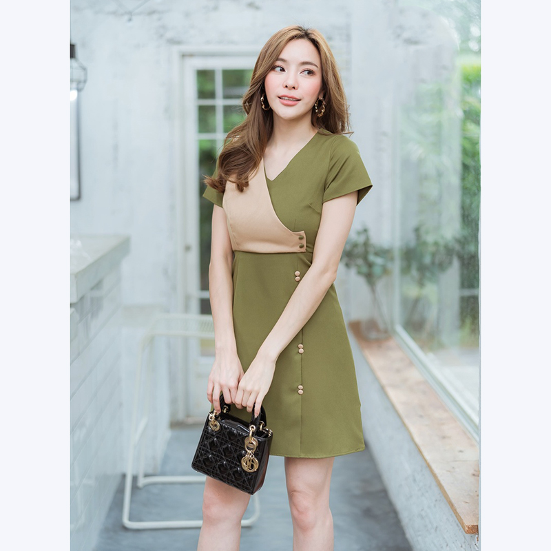 kudapy เดรสสั้นสีชมพู,เขียว,กรม ใส่ทำงานแต่งกระดุมคู่ทูโทนสวยน่ารัก